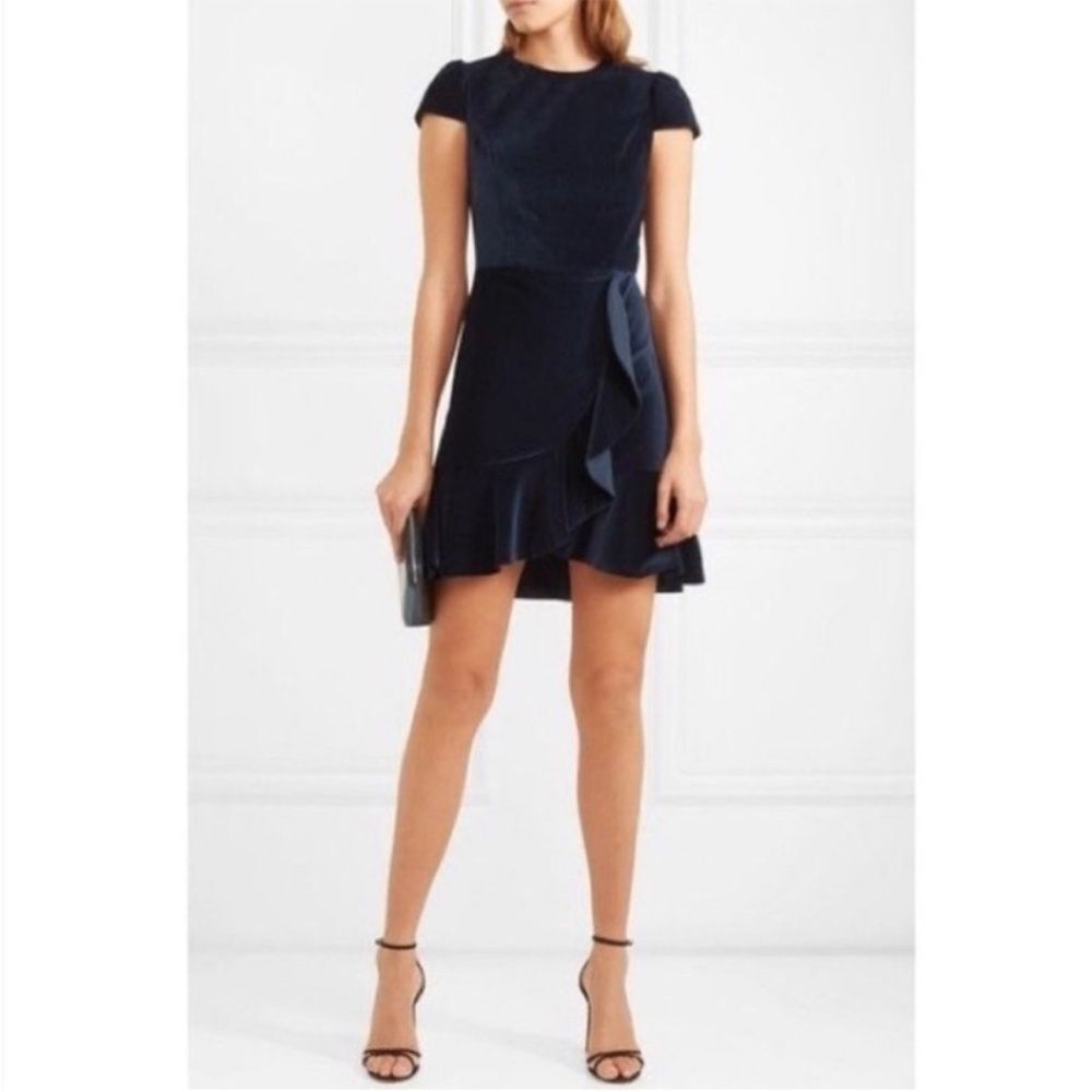 Alice + Olivia Navy Enid Draped Ruffle Velvet Cocktail Dress Size 8